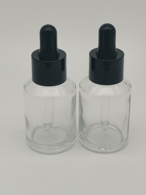 30mL CLEAR ROUND GLASS with Black Cap & Teat DROPPER SET - Pack 10 Pcs