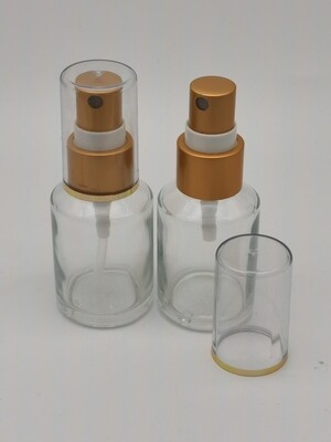 30mL Round Clear Glass with Gold Atomiser with clear overcap