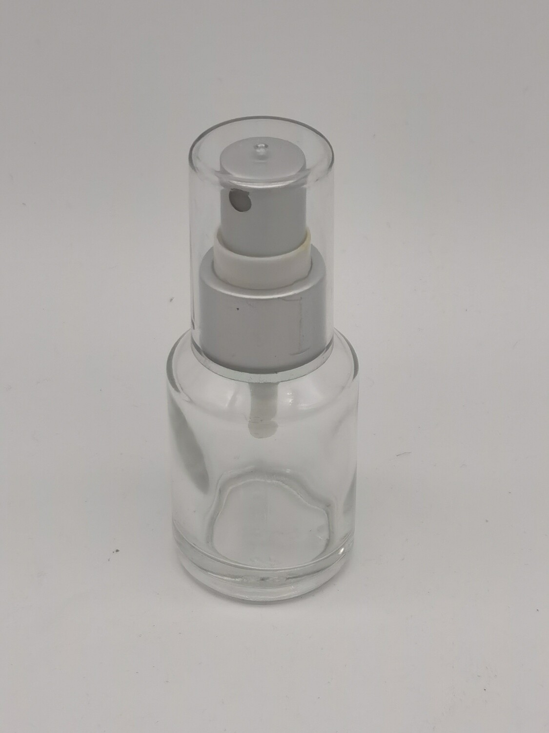 30mL Round Clear Glass with Matt Silver Atomiser with clear overcap