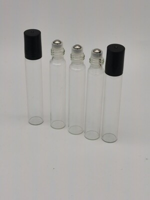 10ml Clear Glass Roll on Bottles Essential Oil Perfume Metal Roller Ball Bottle with Black Cap-  PACK of 20 Pcs