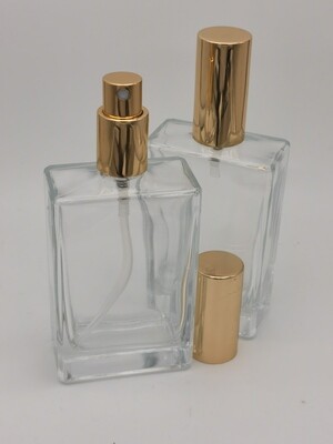 100ml Rectangle Perfume Clear Glass Bottle with 18mm Shiny Gold Atomiser - Pack 10