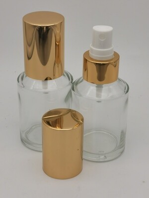 50mL Round Clear Glass with Gloss Gold & White Atomiser with Gloss Gold Overcap