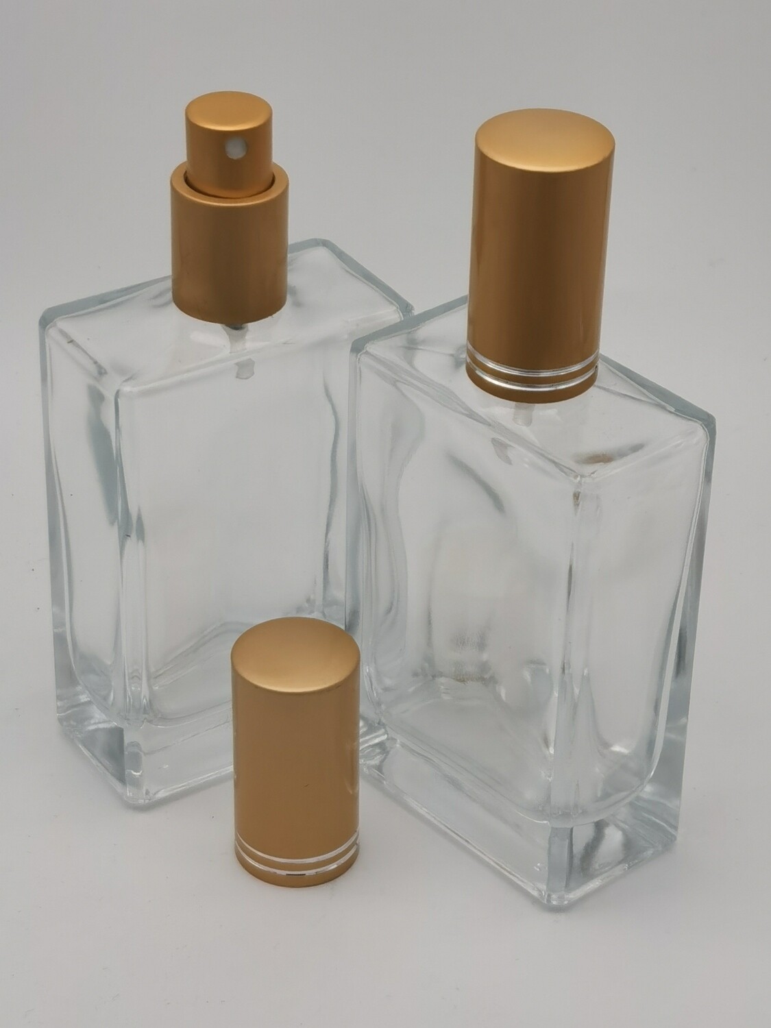 100ml Clear Glass Rectangle Perfume Bottle with 18mm MATT Gold -2 RING Atomiser - Pack 10