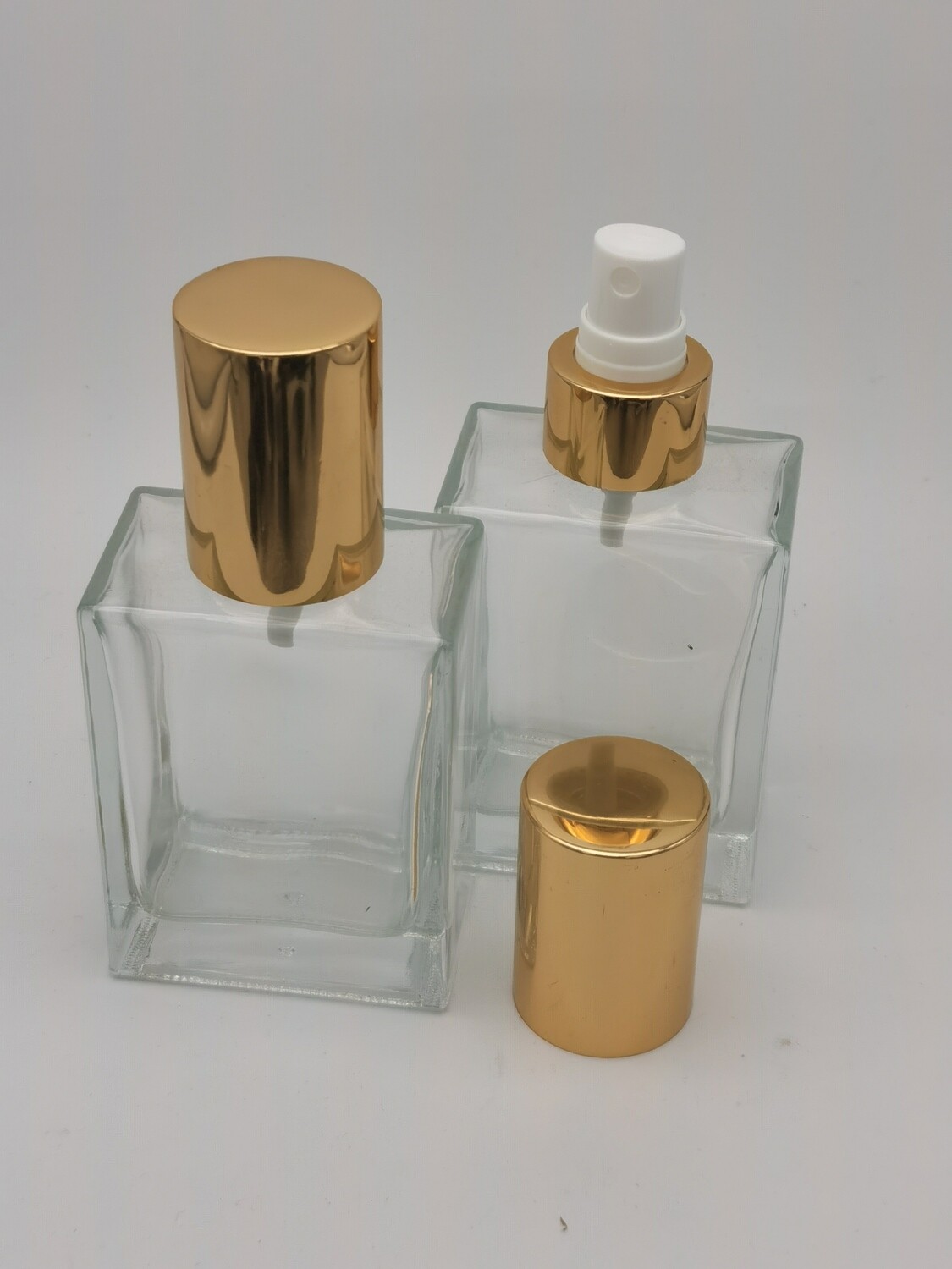 100ml Clear Glass Rectangle Perfume Bottle with 24mm Shiny Gold Atomiser - Pack 10