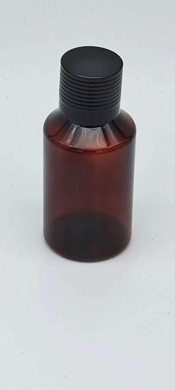 30ml PET(Plastic) 18/410 - 18mm Neck AMBER with Black Ridged Gloss Cap - Bulk Buy Pack of 50