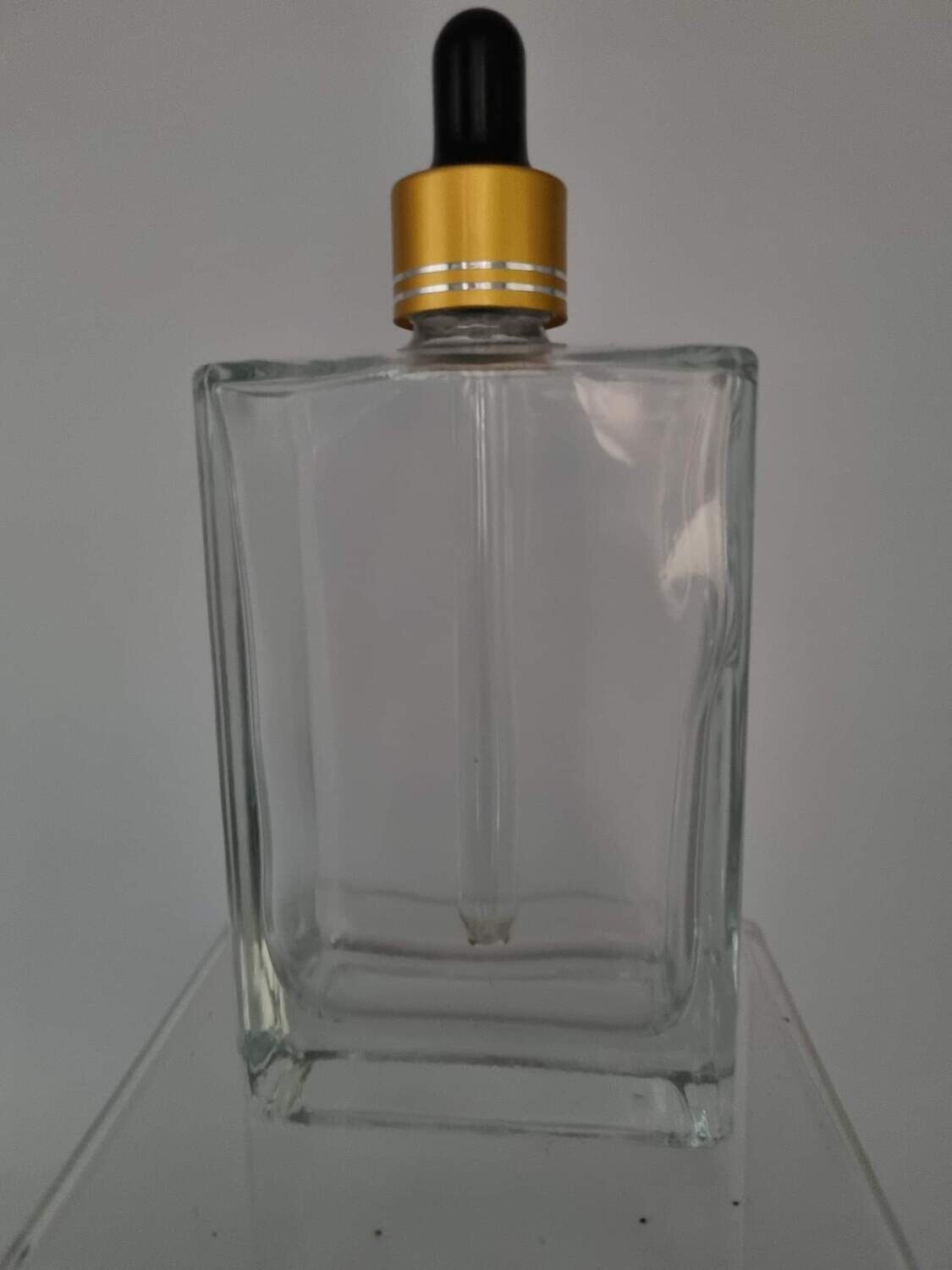100ml Rectangle Clear Glass Dropper Bottle with Black Teat Gold with 2 silver rings Cap & Dropper BULK 10 Pcs