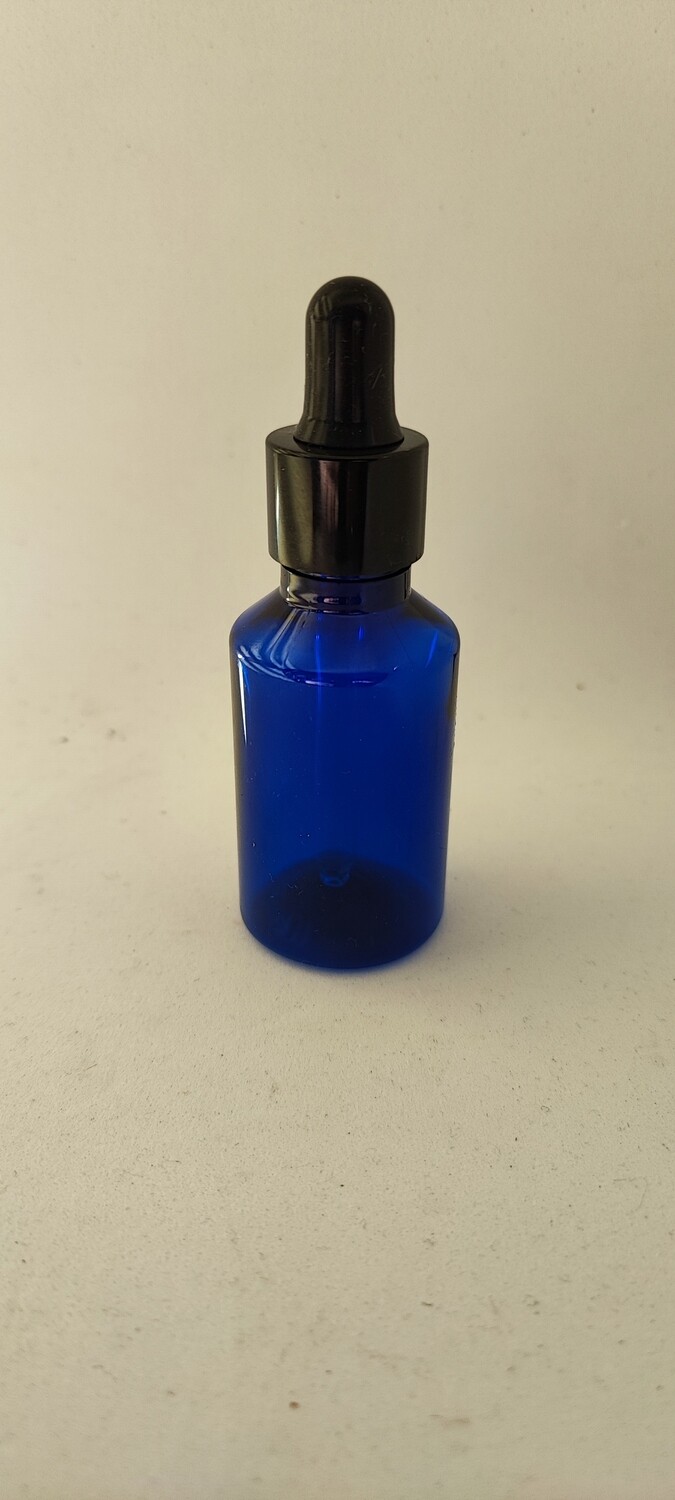 30mL PET(Plastic) COBALT BLUE Bottle BLACK Cap BLACK Teat + Dropper - 20 Pcs (Pre-Assembled)