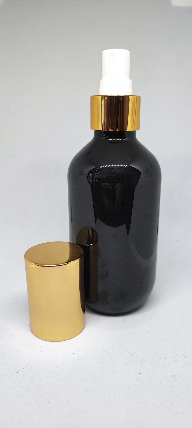 200ml BLACK PET(Plastic) Bottle (24mm neck) with Gloss Gold Atomiser - BULK 10 Pcs