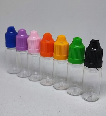10mL Sample Dropper CLEAR PET(Soft Plastic)  7 COLOURS - with Childproof Caps