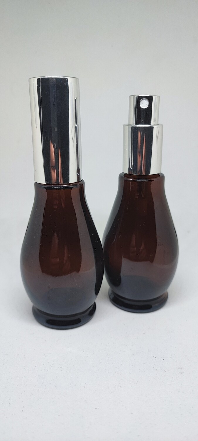 50ml Amber Glass (Ladies Waist) Bottle with GLOSS SILVER Atomiser - Single Buy
