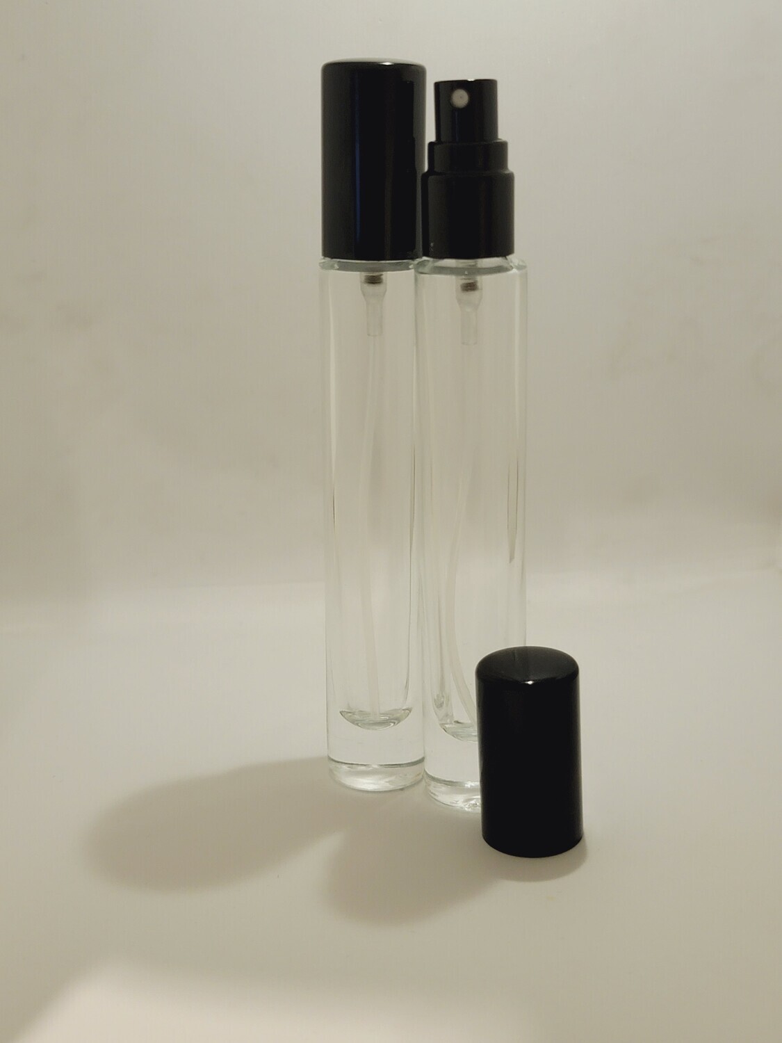 10mL Elegant THICK QUALITY Clear GLASS Atomiser with Gloss Black Overcap - BULK PACK 10