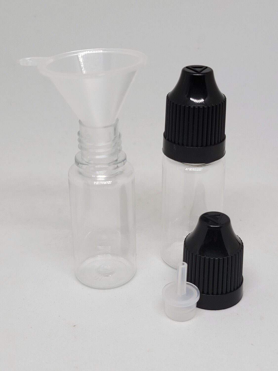 10mL Sample Dropper CLEAR PET(Soft Plastic) BLACK CAP - with Childproof Caps PACK OF 50 & 10 MINI FUNNELS