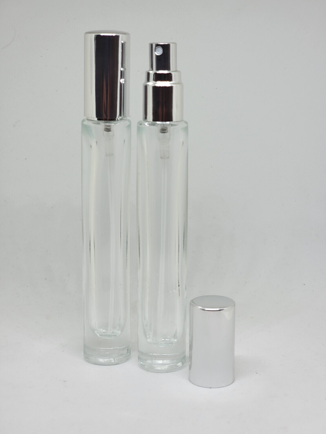 10mL Elegant THICK QUALITY Clear GLASS Atomiser with Gloss Silver Overcap