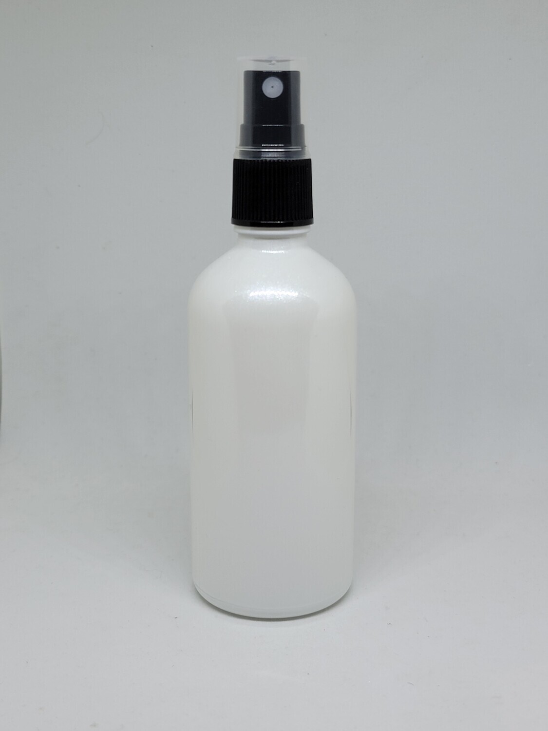100ml WHITE (Coated Pearlized) GLASS Boston 18mm Neck Bottle + BLACK SPRITZER/ ATOMISER with over cap- Single