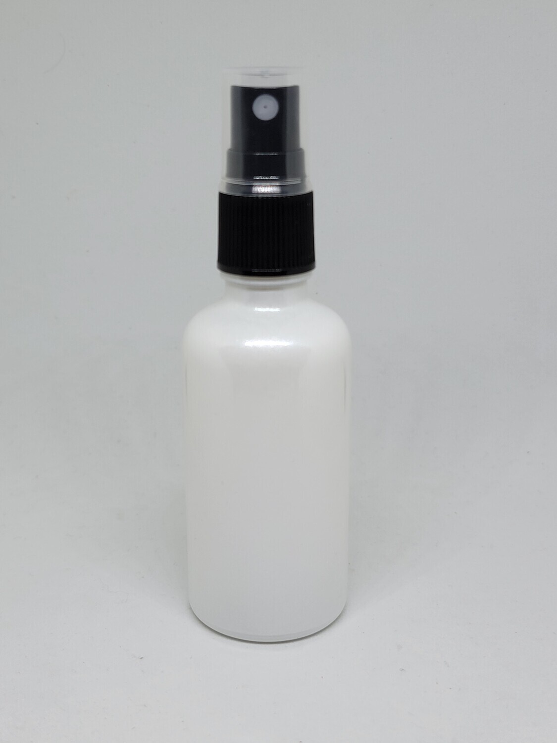 50ml PEARL WHITE (Coated) GLASS Boston 18mm Neck Bottle + BLACK SPRITZER/ ATOMISER with over cap- Single