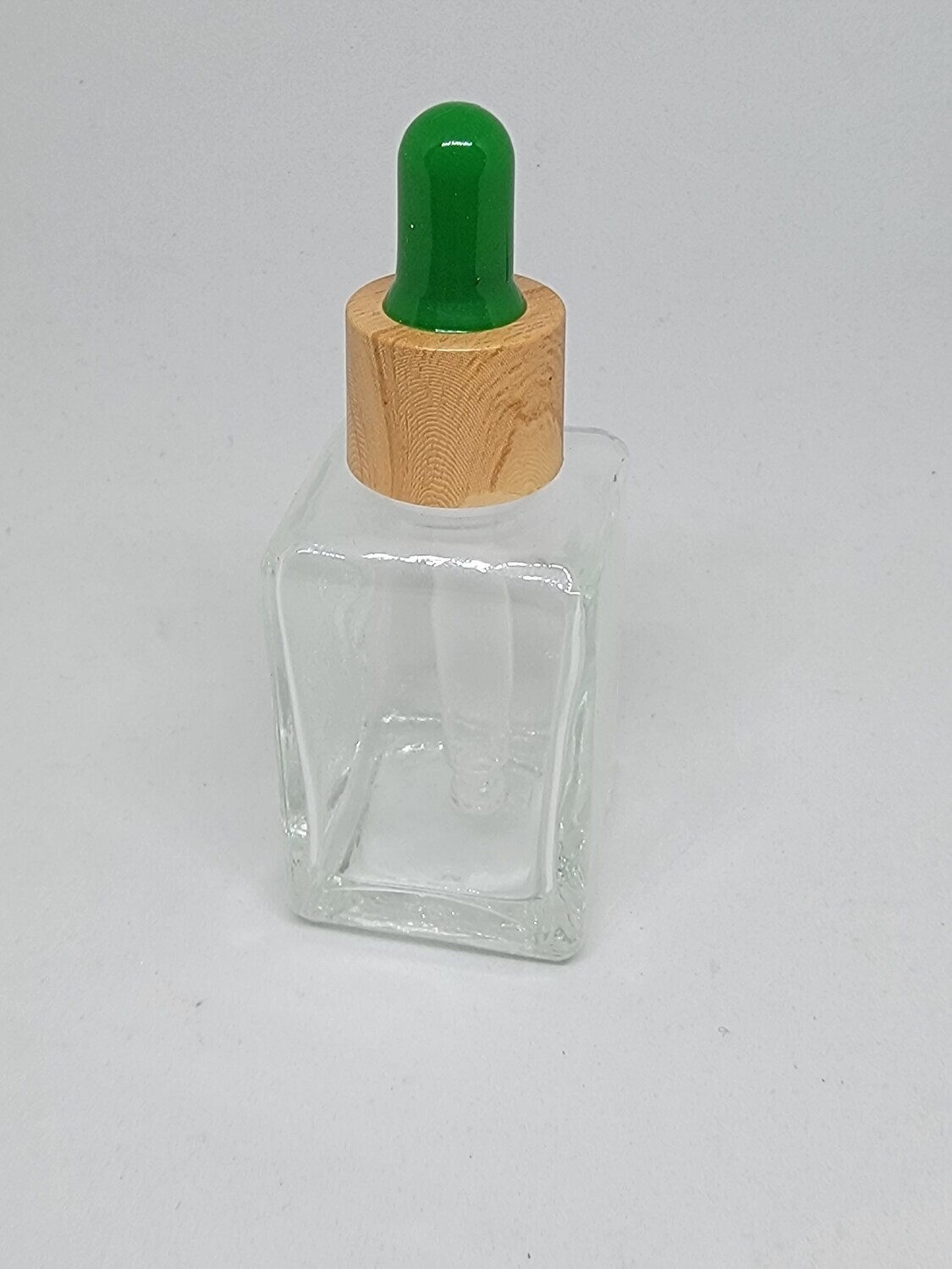 25ml SQUARE Clear Glass Dropper Bottle with GREEN Teat Imitation Timber Cap & Dropper