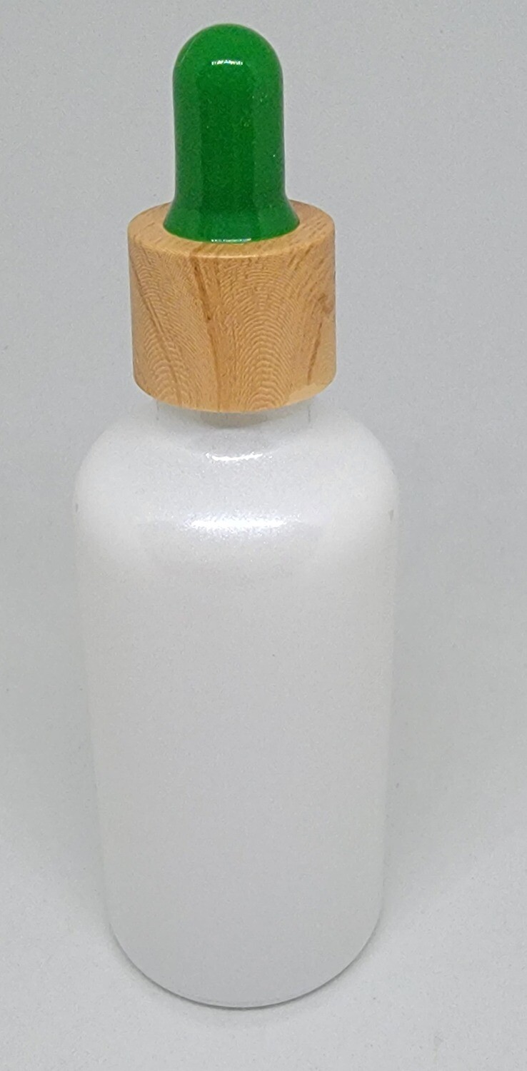 50mL WHITE PEARL (Coated) glass dropper bottle with GREEN TEAT & IMITATION TIMBER CAP - SINGLE BUY