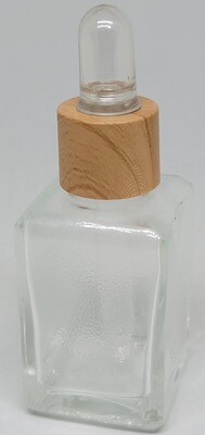 25ml SQUARE Clear Glass Dropper Bottle with CLEAR Teat IMITATION TIMBER Cap & Dropper