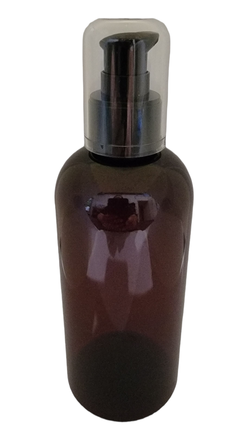 250ml AMBER  (PET) Plastic with 24410 Neck BLACK SERUM PUMP & CLEAR OVERCAP - Single Buy