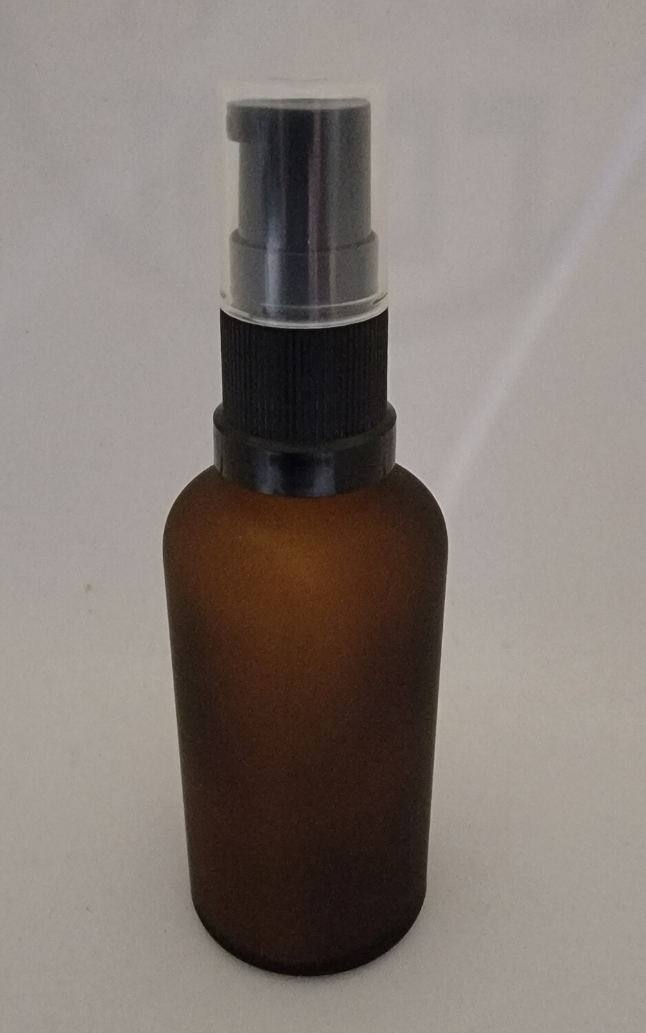 50ml FROSTED AMBER with 18 MM Neck BLACK SERUM/LOTION PUMP & CLEAR OVERCAP - Single Buy