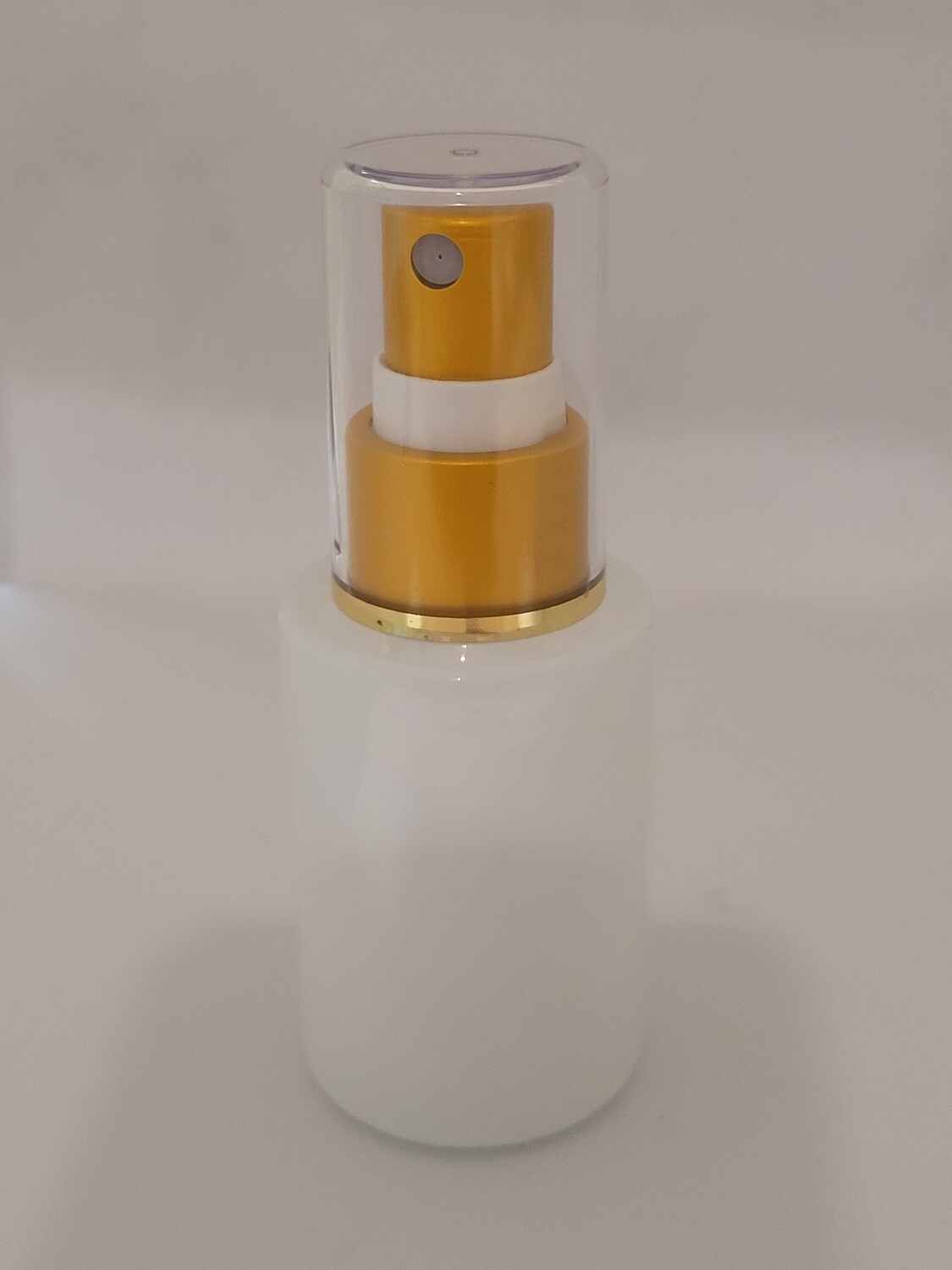 30mL WHITE (Coated) Square Shoulder Glass Bottle with 20mm GOLD Atomiser and Clear Overcap