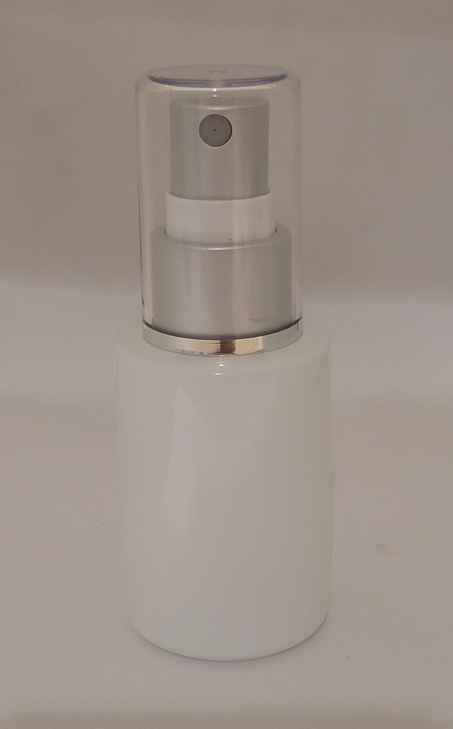 30mL WHITE (Coated) Square Shoulder Glass Bottle with 20mm SILVER Atomiser and Clear Overcap