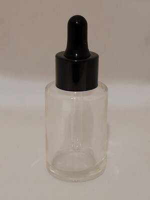 30mL CLEAR  Square Shoulder Glass Dropper Bottle with BLACK Teat & 20mm Gloss Cap