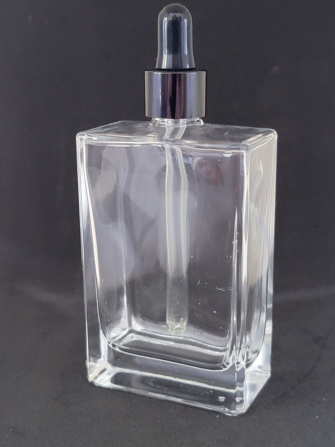 100ml Rectangle Clear Glass Dropper Bottle with Black Teat Black Alumina Gloss Cap & Dropper BULK 10 Pcs