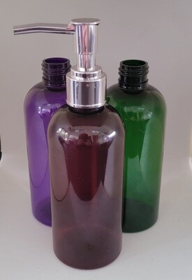 250mL  PET1(Plastic♲) 24mm Neck Bottles with SILVER LOTION PUMP  - Bulk Pack of 25 - SELECT FROM 6 COLOURS