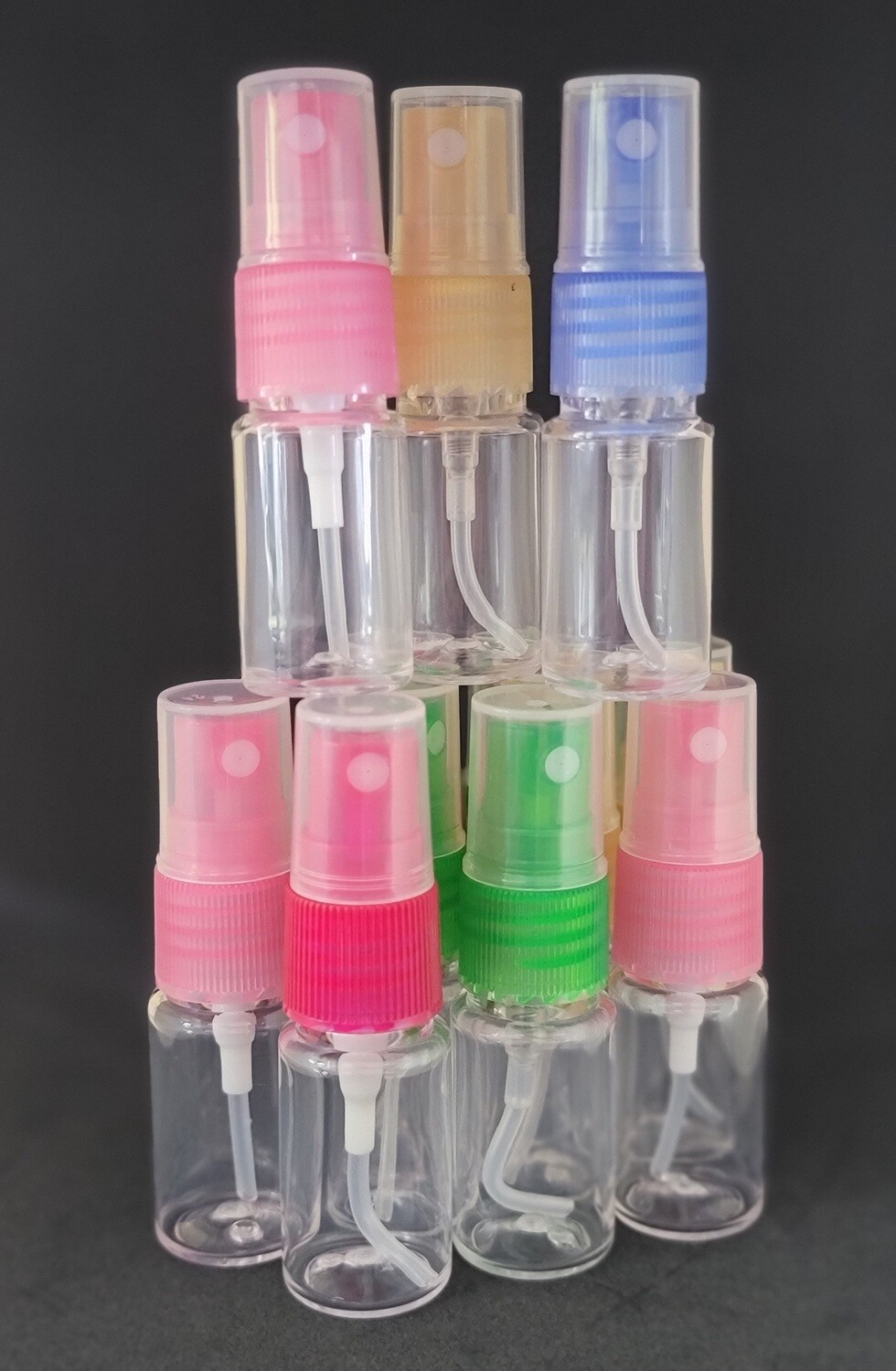 10mL Atomisers - Clear Glass Base with Mixed Coloured Tops -PACK 12