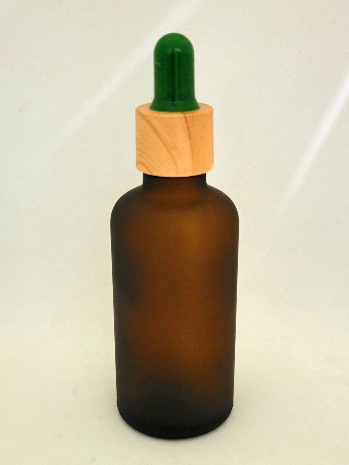 50mL FROSTED AMBER  glass dropper bottle with GREEN TEAT & IMITATION TIMBER CAP