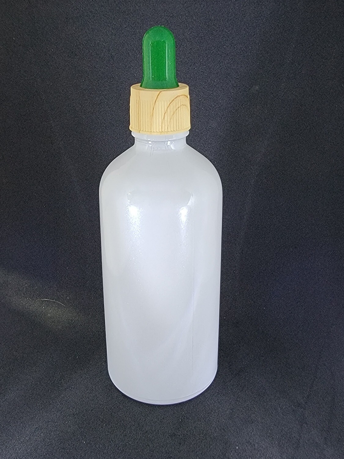 100mL WHITE PEARL (Coated) glass dropper bottle with GREEN TEAT & IMITATION RIDGED SIDE TIMBER CAP - SINGLE BUY