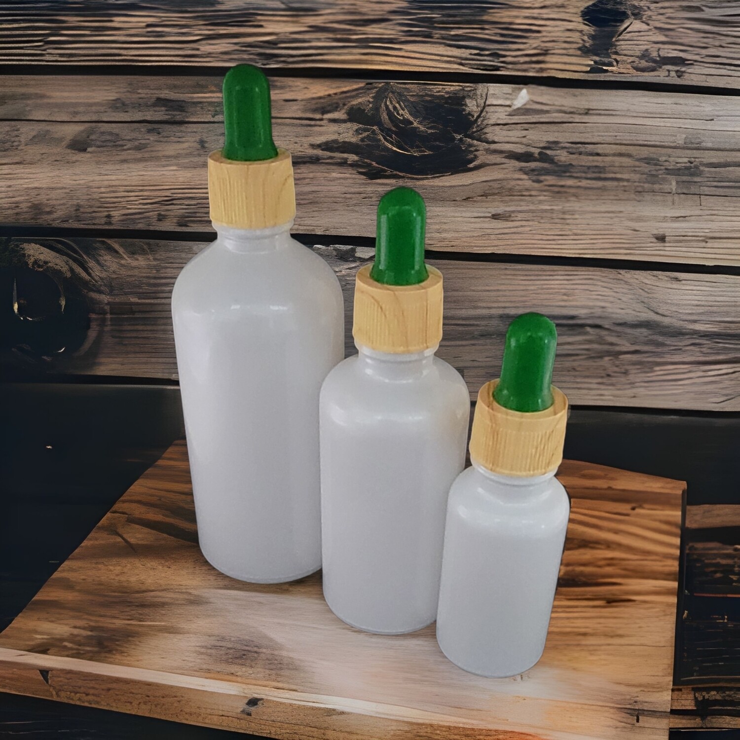 BUNDLE SET of 3 -100mL 50mL & 20mL Pearl White (Coated) Dropper Bottles - Green Teats & Ridged Sided Timber look Caps