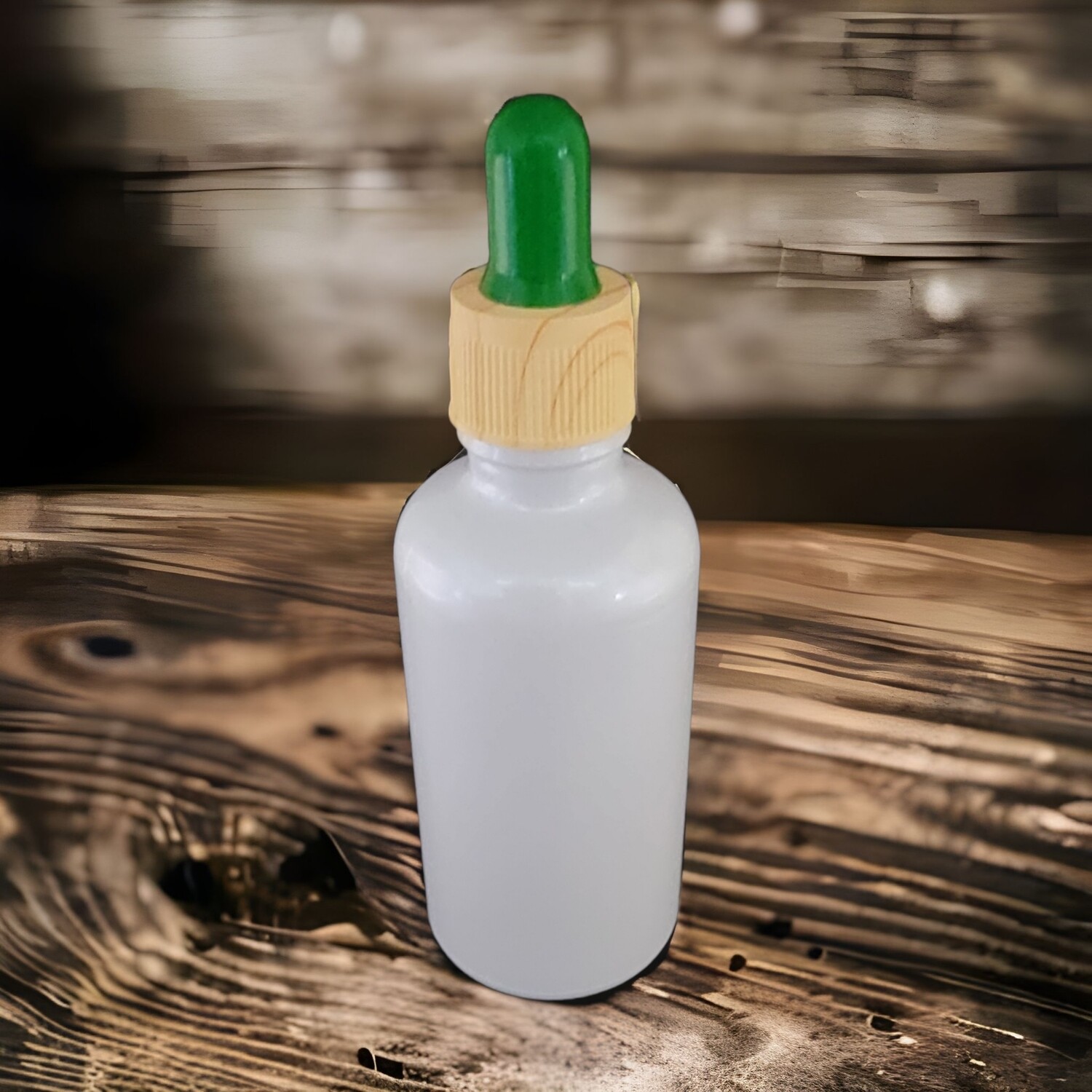 50mL WHITE PEARL (Coated) glass dropper bottle with GREEN TEAT & IMITATION RIDGED SIDE TIMBER CAP