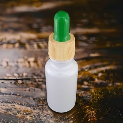 20mL WHITE PEARL (Coated) glass dropper bottle with GREEN TEAT & IMITATION RIDGED SIDE TIMBER CAP