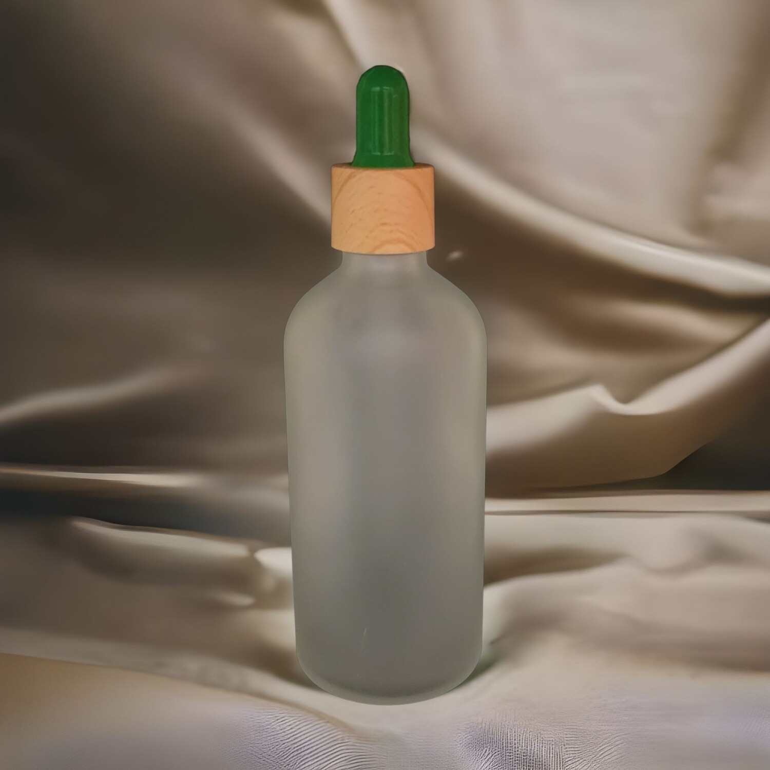 100mL FROSTED CLEAR Glass Dropper Bottle with GREEN Teat & 18mm TIMBER Cap