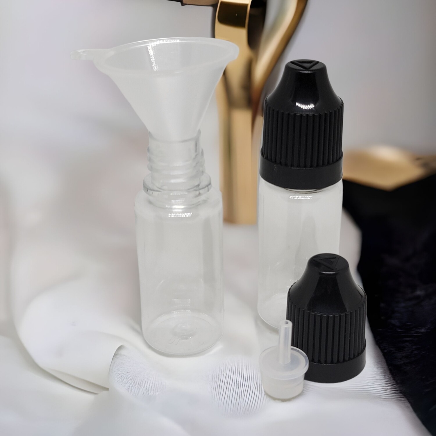 10mL Sample Dropper CLEAR Plastic BLACK CAP - with Childproof Caps PACK OF 50 & 10 MINI FUNNELS