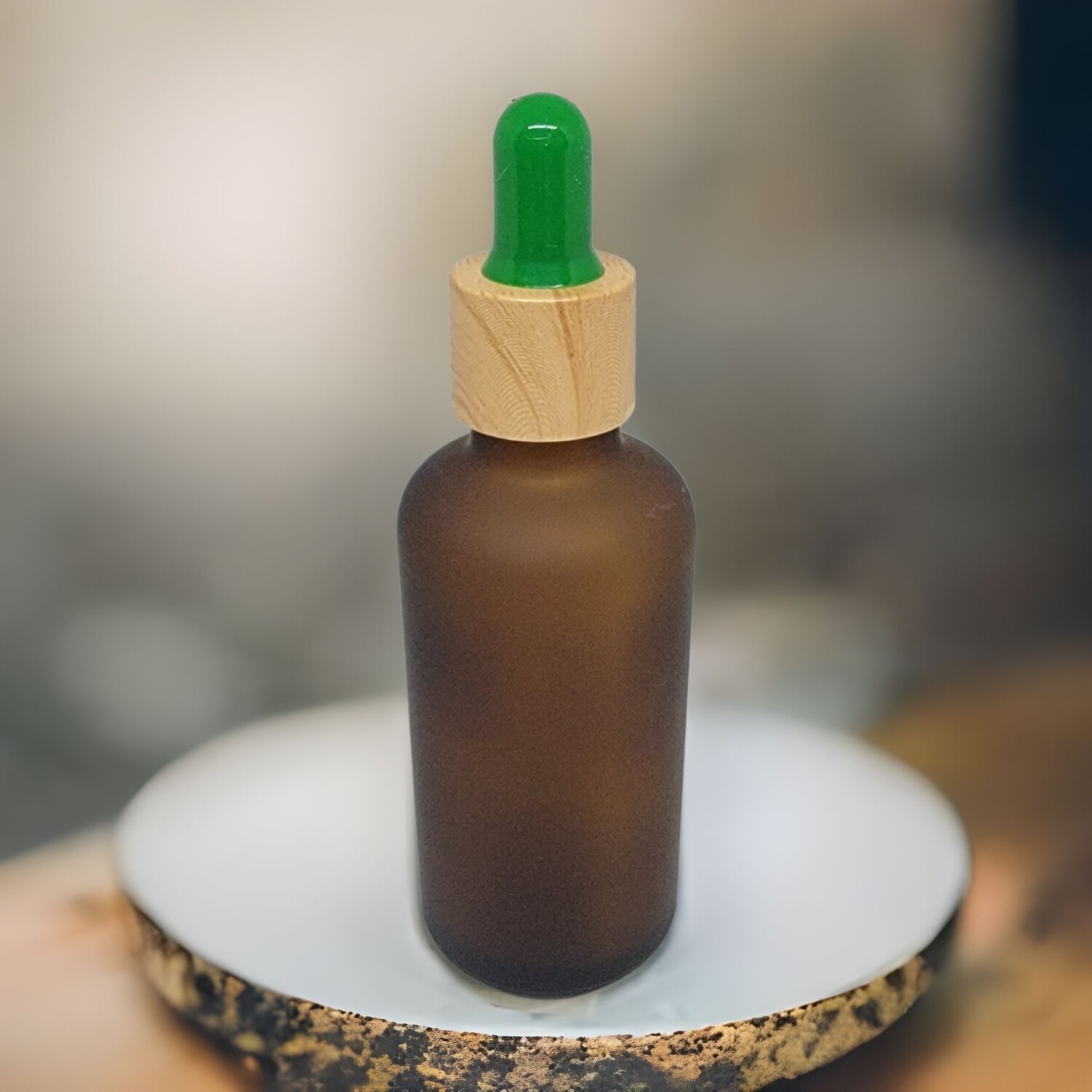 30mL FROSTED AMBER  glass dropper bottle with GREEN TEAT & IMITATION TIMBER CAP - SINGLE BUY