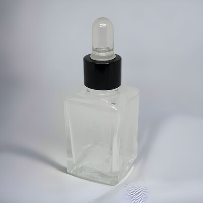 25ml SQUARE Clear Glass Dropper Bottle with CLEAR Teat GLOSS BLACK Cap & Dropper