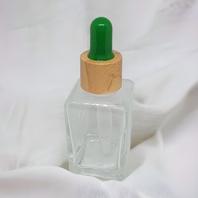 25ml SQUARE Clear Glass Dropper Bottle with GREEN Teat Imitation Timber Cap & Dropper