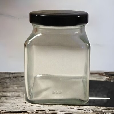 180 ml or 6oz Square Sided Glass Jar with 58 mm Black Metal Twist Cap
