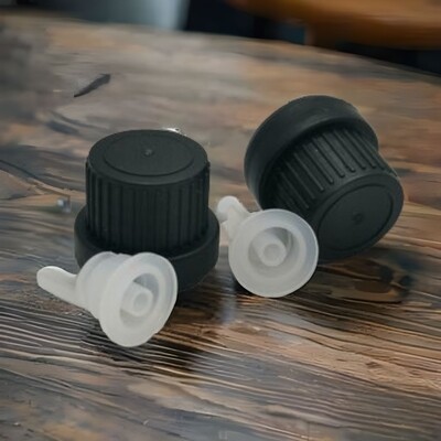 18mm BLACK Dripolator Tamper Caps (Euro Style) with Neck Insert FOR AROMA BOTTLES Only - PACK of 100