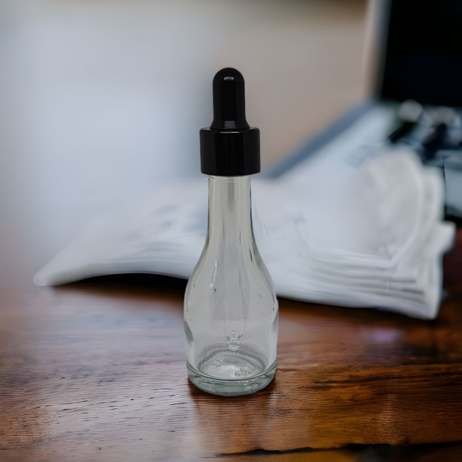 30ml Ladies Waist Clear Glass Dropper Bottle with Black Teat Black Gloss Cap &amp; Dropper BULK 10 Pcs