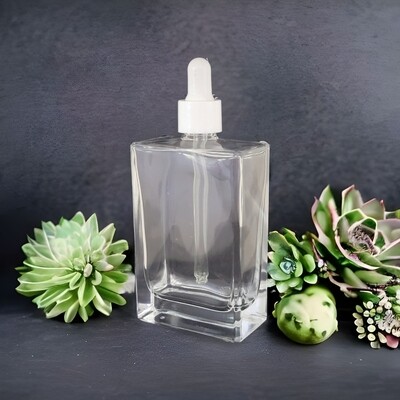 100ml Rectangle Clear Glass Dropper Bottle with White Teat White  Cap &amp; Dropper