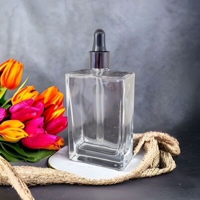 100ml Rectangle Clear Glass Dropper Bottle with Black Teat Black Alumina Gloss Cap &amp; Dropper BULK 10 Pcs