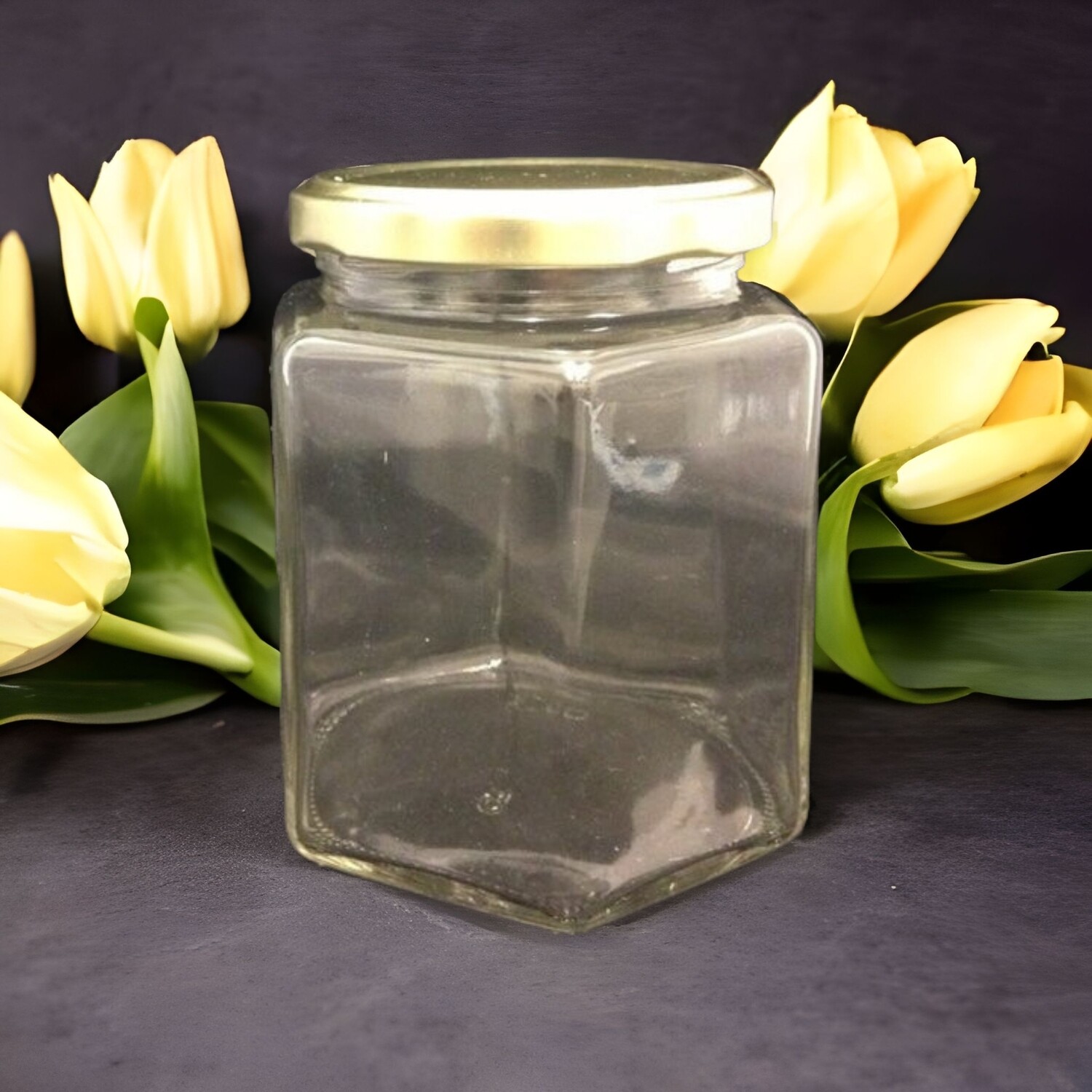 400 mL (500gm Honey Jar)  HEXAGONAL Glass Jar with  Choice of 70mm Metal Twist Cap (57 Pcs) PRE-ORDER