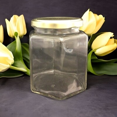 400 mL (500gm Honey Jar)  HEXAGONAL Glass Jar with 70mm GOLD Metal Twist Cap (57 Pcs)