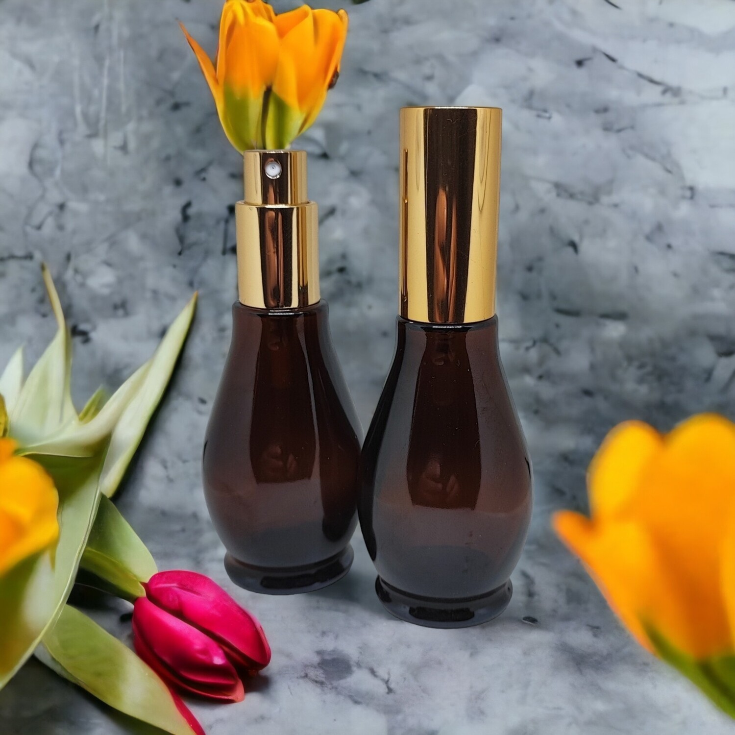 50ml Amber Glass (Ladies Waist) Bottle with GLOSS GOLD Atomiser