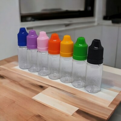10mL Sample Dropper CLEAR PET (Plastic)  CHOICE OF 7 COLOURS - with Childproof Caps - PACK OF 7