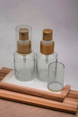 30mL Round Clear Glass with 20mm Gold Atomiser with clear overcap - Bulk 10 Pcs